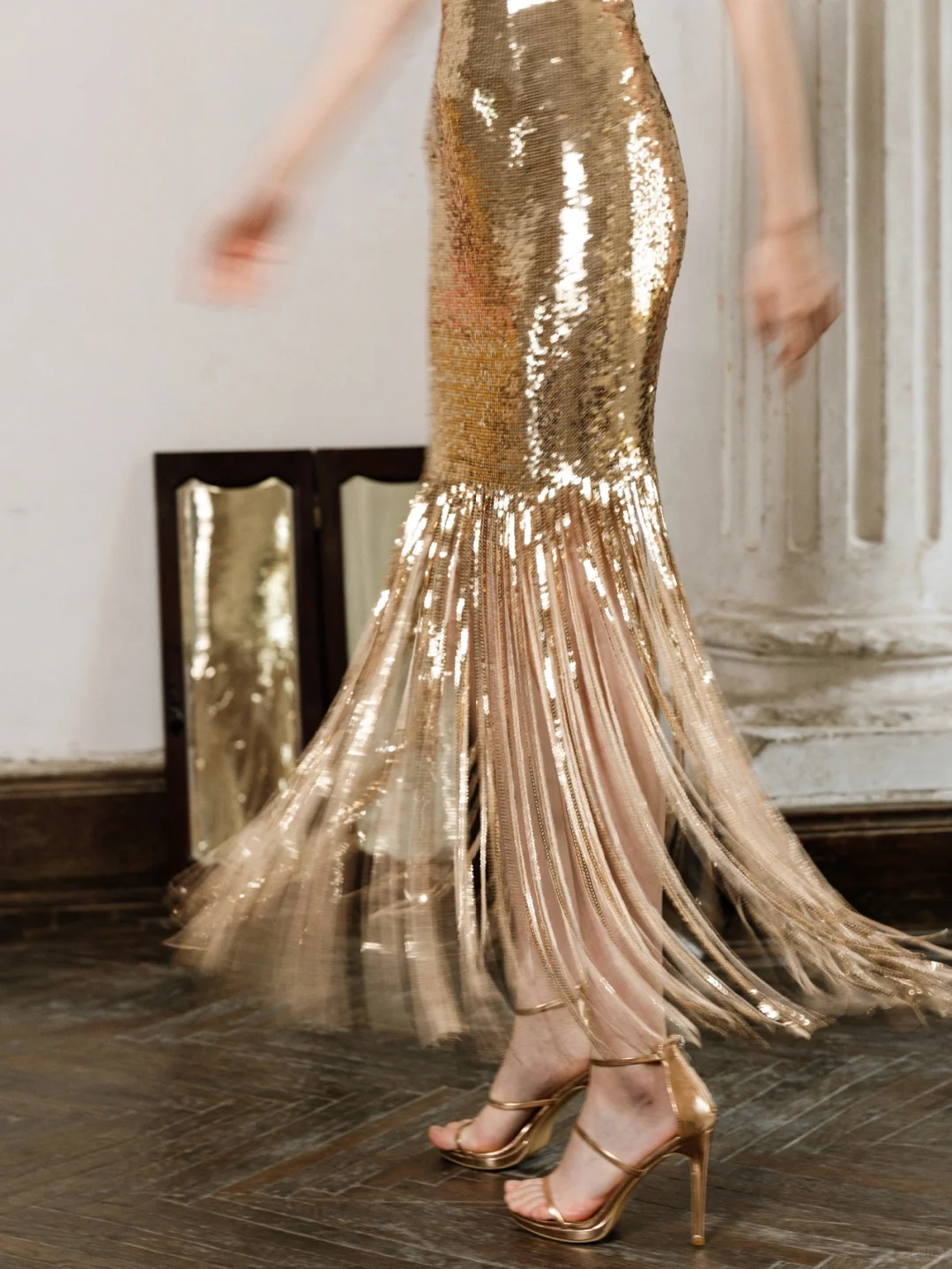 Shiny Golden Straps Sequin Long Prom Dress Party Dress SH4849