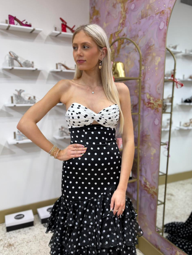 Cute Polka Dot Mermaid Strapless Layered Satin Long Prom Dress Evening Dress SH7228