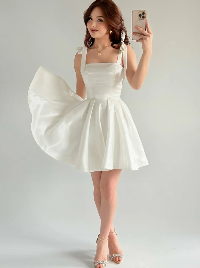 White A Line Bow Straps Satin Short Prom Dress Homecoming Dress SH6010
