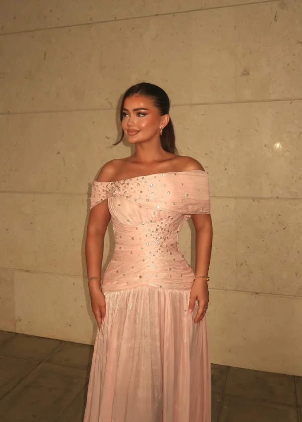 Shiny A Line Off the Shoulder Beaded Satin Long Prom Dress Evening Dress SH7302
