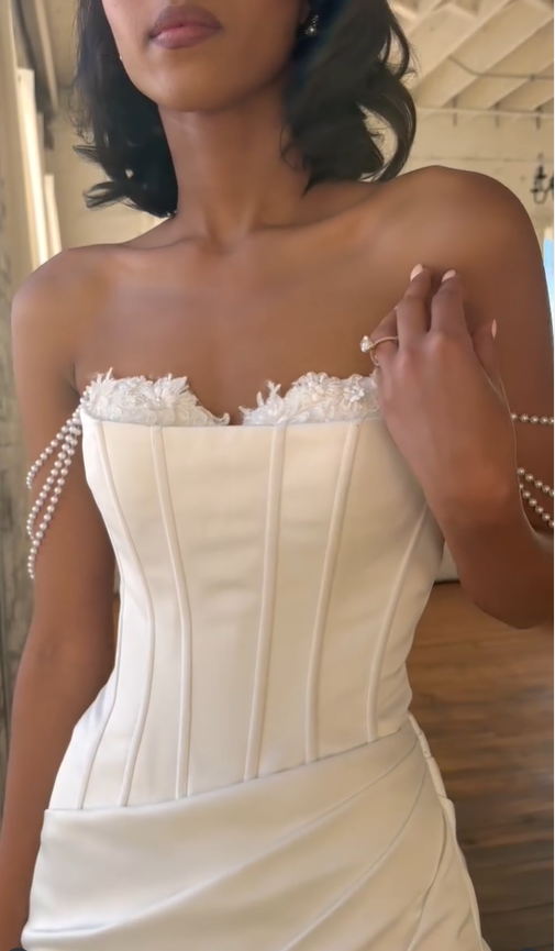 Classic Mermaid Strapless Pearl Satin Wedding Dress Prom Dress with Slit SH4129