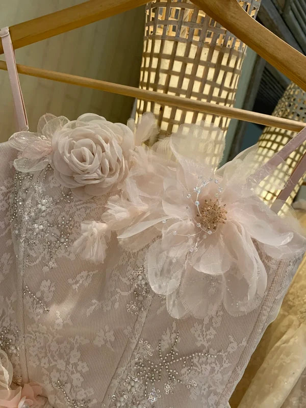 Light Pink A Line Floral Lace Tulle Short Prom Dress Homecoming Dress SH7183