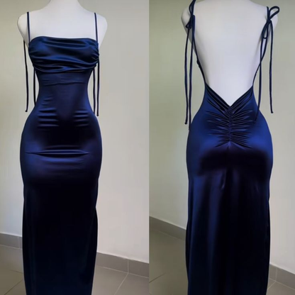 Sexy Sheath Spaghetti Straps Backless Navy Blue Satin Prom Dress Evening Dress SH1214