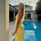 Yellow Sheath V Neck Satin Open Back Long Prom Dress Evening Dress SH1766
