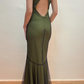 Vintage Mermaid V Neck Beaded Green Chiffon Satin Prom Dress Evening Dress SH2119