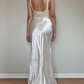 Simple A Line V Neck Ivory Satin Lace Long Open Back Prom Dress Evening Dress SH1930