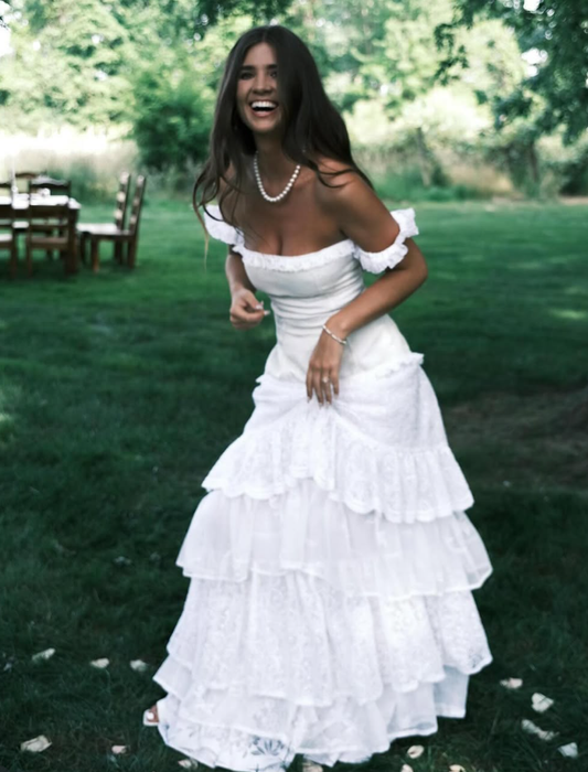 Glamorous White A Line Off the Shoulder Layered Lace Long Prom Dress Wedding Dress SH7685