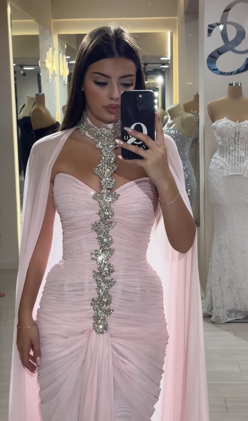 Light Pink Sheath Halter Rhinestone Pleated Chiffon Long Prom Dress Evening Dress SH4799