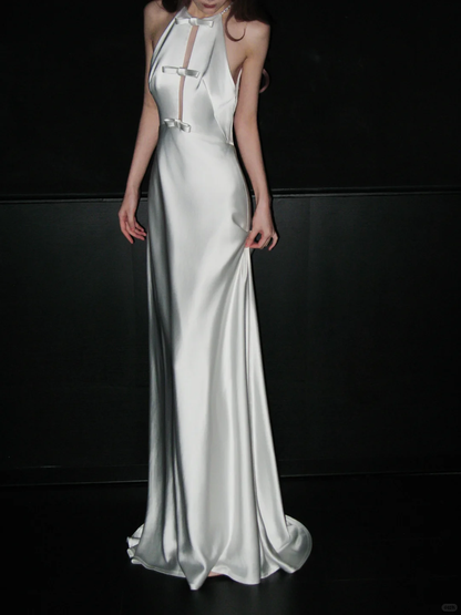 Pretty A Line Halter Bow White Satin Open Back Long Wedding Dress SH4934
