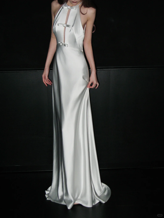 Pretty A Line Halter Bow White Satin Open Back Long Wedding Dress SH4934