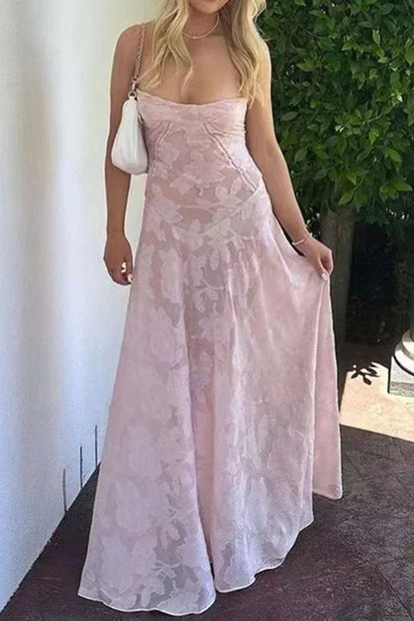 Spaghetti Straps Pink See-through A Line Long Prom Dress SH1197