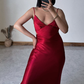 Sexy A Line Spaghetti Straps Red Satin Open Back Long Prom Dress Evening Dress SH1983