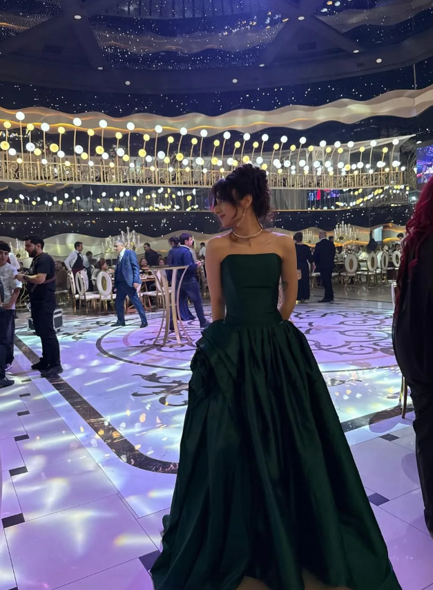 Simple Emerald A Line Strapless Satin Long Prom Dress Wedding Guest Dress SH5409