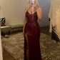 Gold Sequin V Neck Slit Prom Dress Evening Dress SH1122