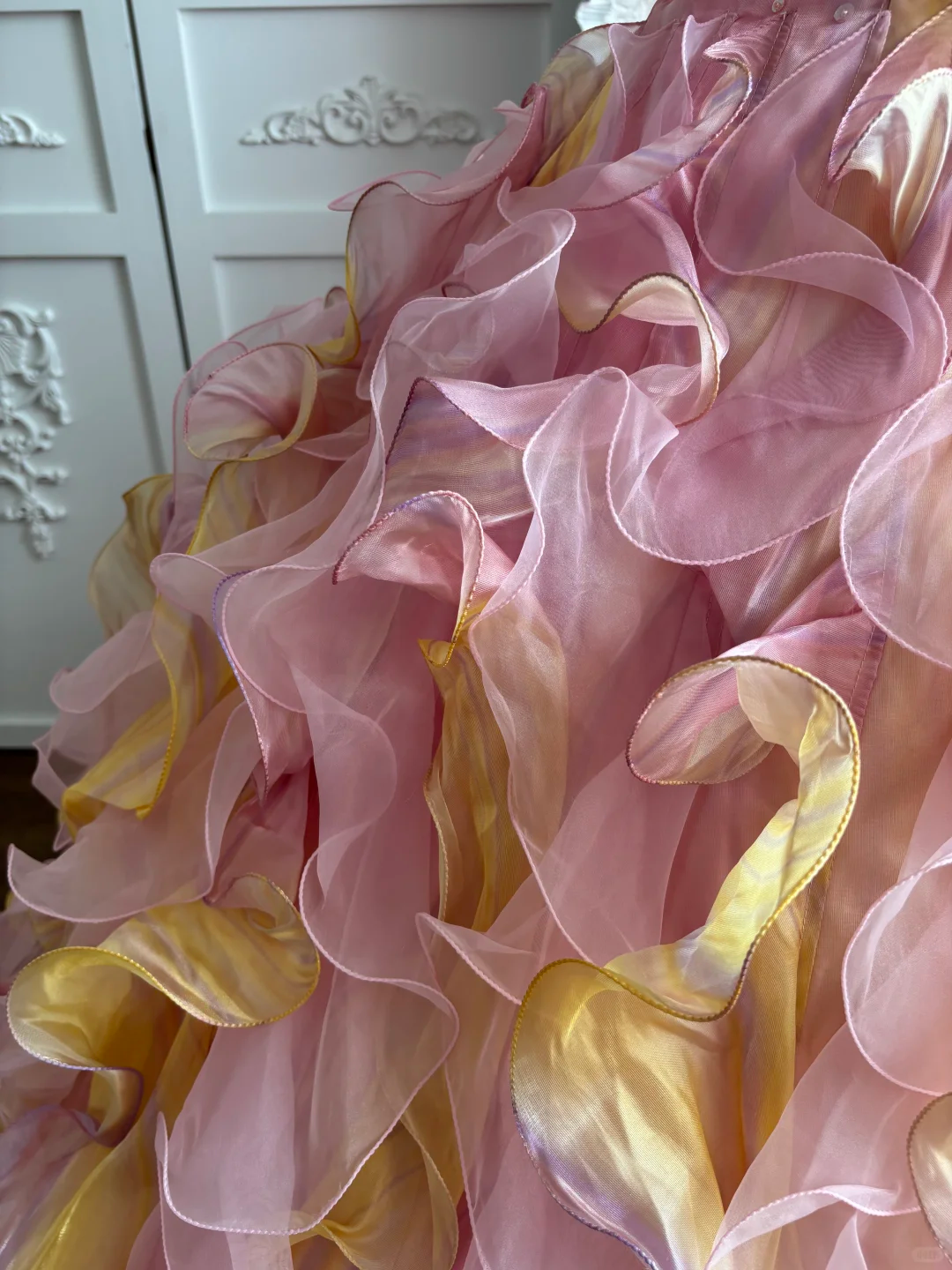 Vintage Pink-Yellow Ball Gown Halter Ruffle Organza Prom Dress Sweet 16 Dress SH5786