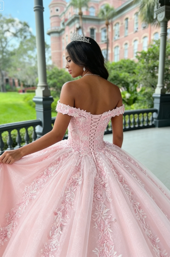 Pink Tulle Applique Long Prom Dress Quinceanera Dress Ball Gown SH970