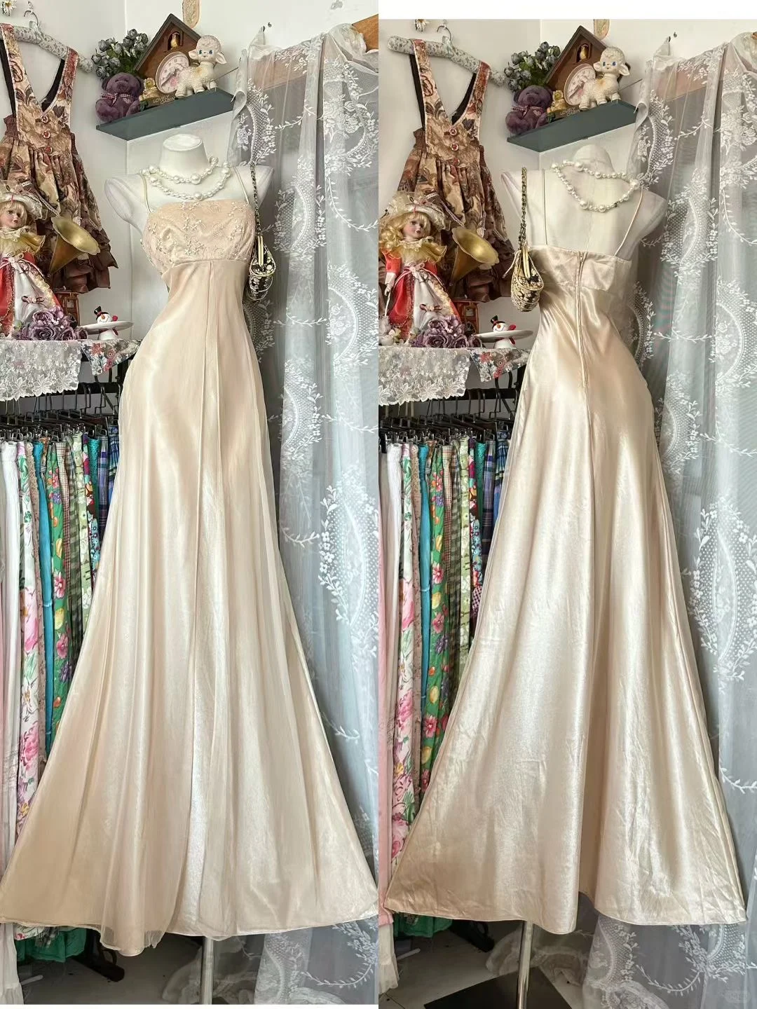 Elegant Apricot A Line Spaghetti Strap Beaded Satin Prom Dress Evening Dress SH5623
