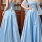 Vintage Blue A Line Embroidery Organza Satin Long Prom Dress Evening Dress SH5654