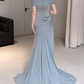 Unique Blue Mermaid Off the Shoulder Chiffon Satin Long Prom Dress Evening Dress SH7703