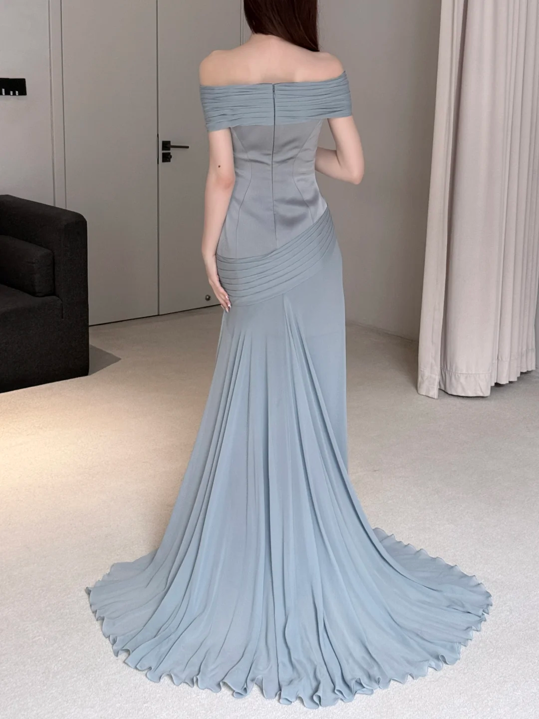 Unique Blue Mermaid Off the Shoulder Chiffon Satin Long Prom Dress Evening Dress SH7703