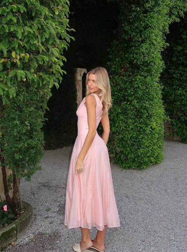 Light Pink A Line V Neck Chiffon Satin Long Prom Dress Evening Dress SH4798