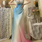 Vintage A Line Beaded Blue Pink Ombre Chiffon Prom Dress Wedding Guest Dress SH4652