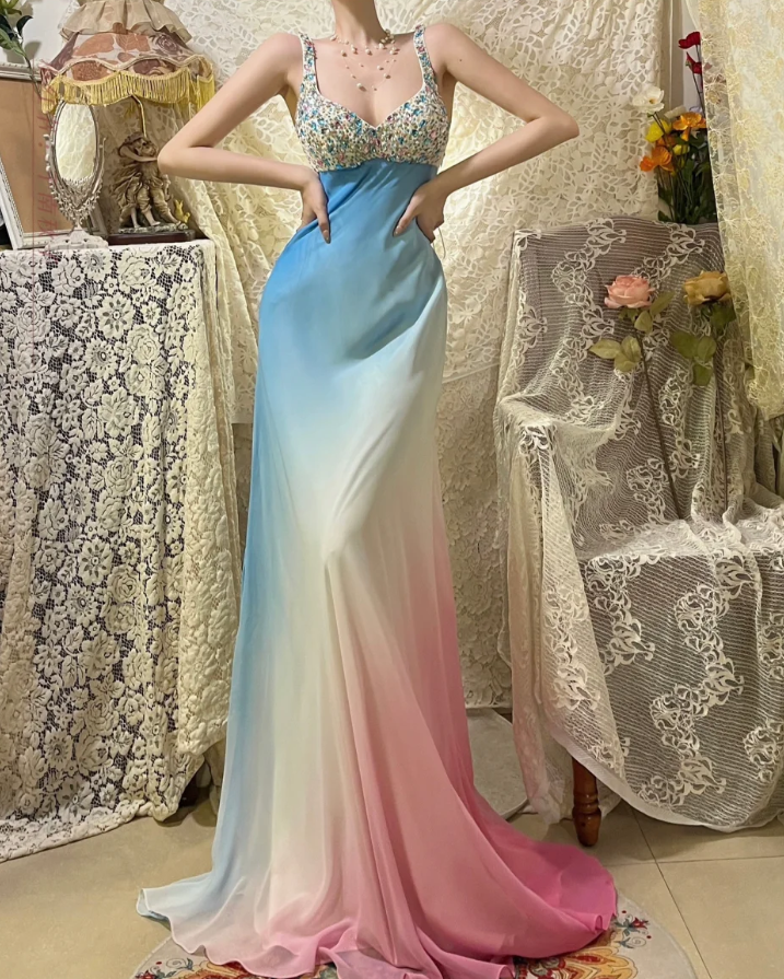 Vintage A Line Beaded Blue Pink Ombre Chiffon Prom Dress Wedding Guest Dress SH4652