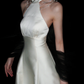 Stunning Black Tulle Bow A Line Halter Pearl White Satin Long Wedding Dress SH5976