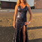 Charming Mermaid V Neck Navy Blue Sequins Satin Long Prom Dress Evening Dress with Slit SH1955