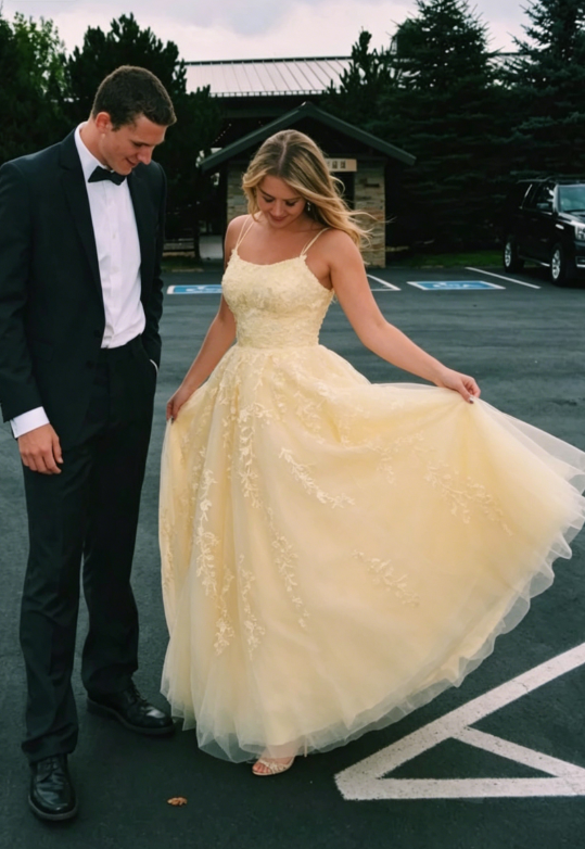Hot Yellow A Line Straps Lace Tulle Long Prom Dress Graduation Prom Dress SH046