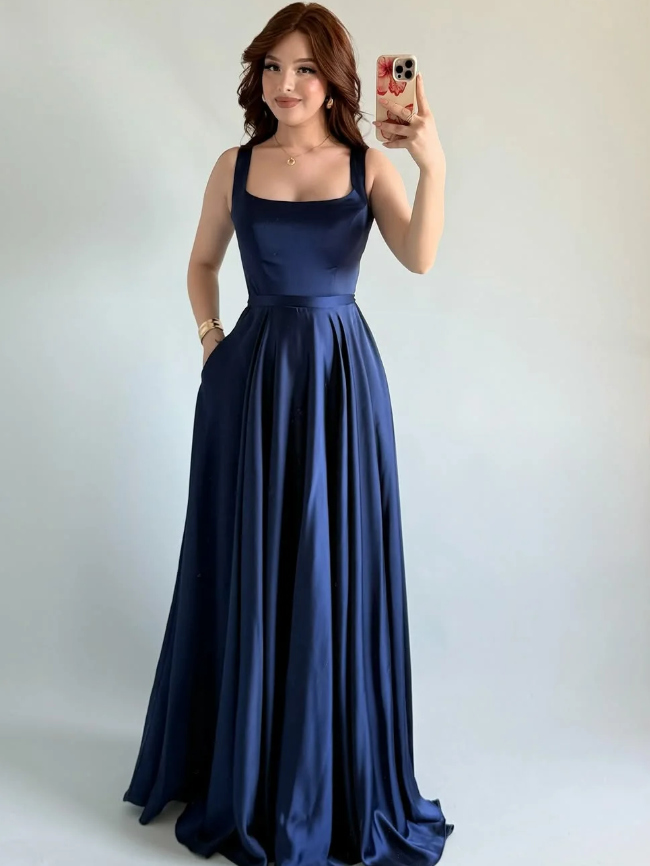 Simple Navy Blue A Line Spaghetti Straps Satin Prom Dress Date Dress SH5548