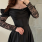 Elegant Black A Line Long Sleeve Lace Satin Prom Dress Evening Dress SH6013