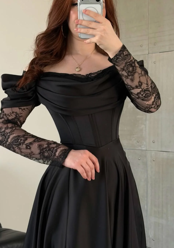 Elegant Black A Line Long Sleeve Lace Satin Prom Dress Evening Dress SH6013
