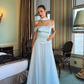 Elegant Baby Blue A Line Off the Shoulder Chiffon Satin Prom Dress Evening Dress Formal Dress SH3745