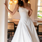 Ethereal A Line Spaghetti Strap Pleated White Chiffon Satin Long Wedding Dress SH7065