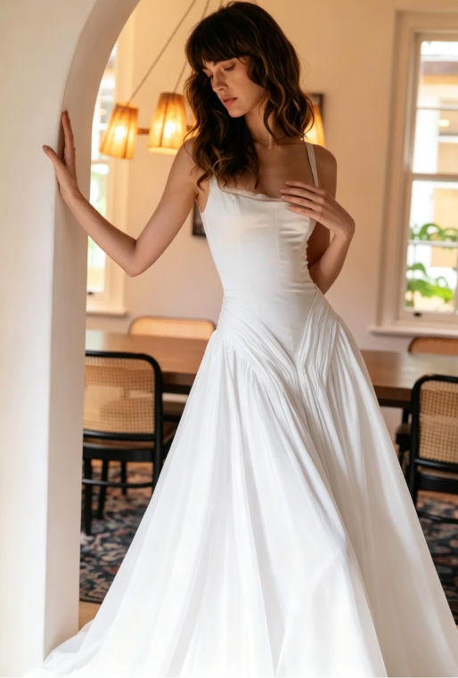 Ethereal A Line Spaghetti Strap Pleated White Chiffon Satin Long Wedding Dress SH7065