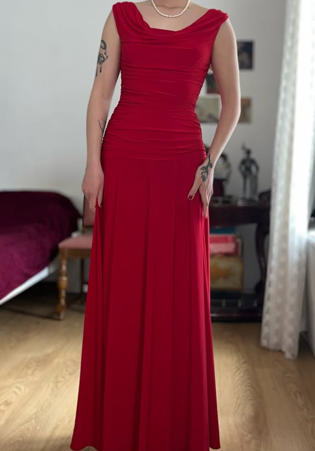 Simple Red A Line Pleated Satin Prom Dress Evening Dress Date Dress SH5632