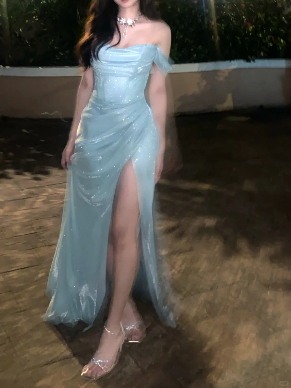 Baby Blue A Line Off the Shoulder Sequin Satin Long Prom Dress Graduat