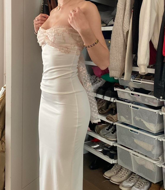 2026 New Simple Sheath Sweetheart Neck Lace Satin Long Prom Dress Evening Dress SH1143
