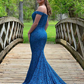Off Shoulder Blue Mermaid Lace Long Evening Dresses，Formal Prom Dress SH639