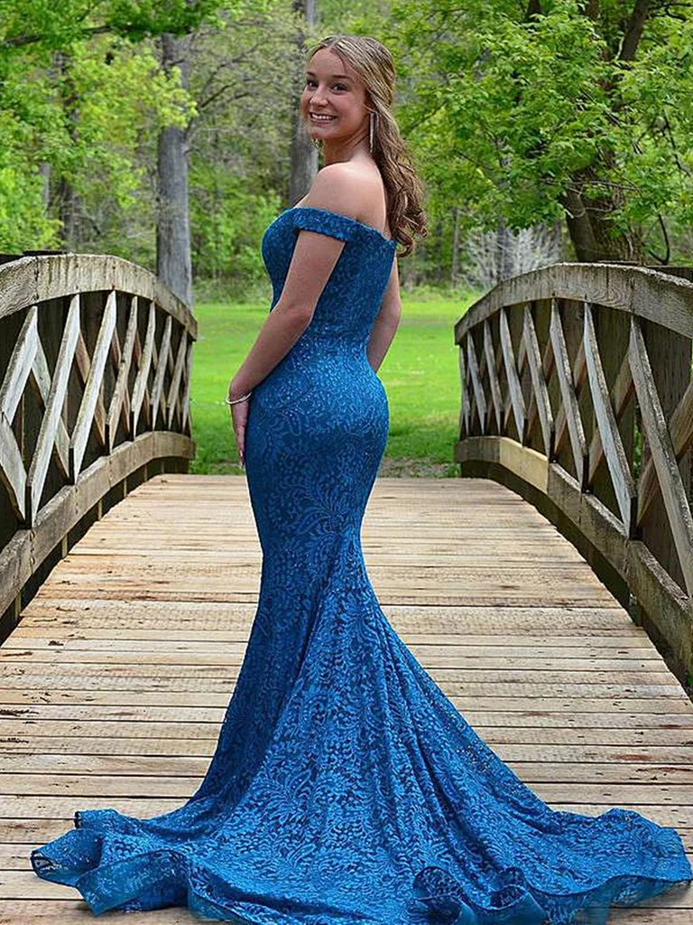 Off Shoulder Blue Mermaid Lace Long Evening Dresses，Formal Prom Dress SH639