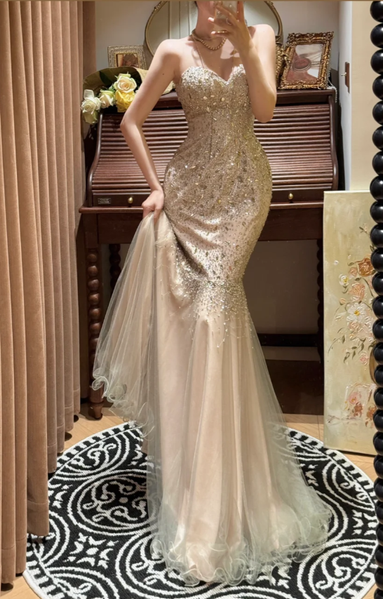 Champagne Mermaid Sweetheart Neck Rhinestone Organza Prom Dresses 18th Birthday Dresses SH4641