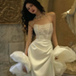 Elegant A Line Strapless White Lace Satin Long Sweep Prom Dress Wedding Dress SH4647