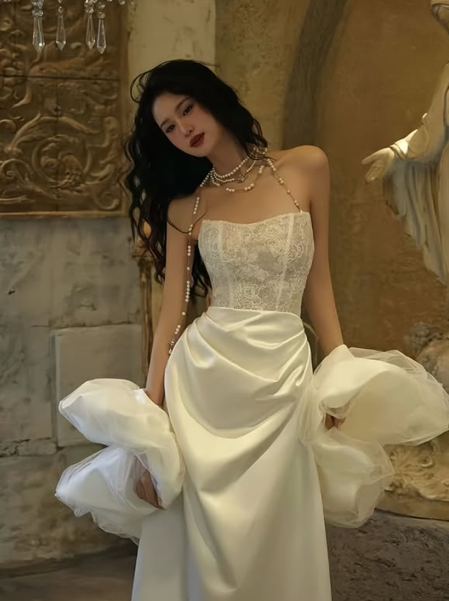 Elegant A Line Strapless White Lace Satin Long Sweep Prom Dress Wedding Dress SH4647