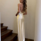 Light Yellow Sheath Spaghetti Strap Satin Open Back Prom Dress Party Dress SH4620