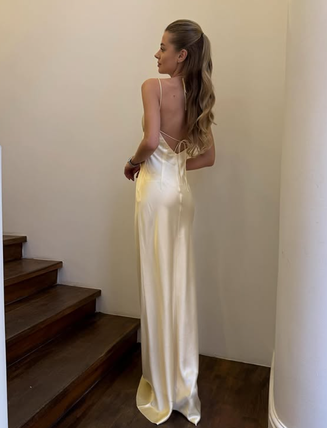 Light Yellow Sheath Spaghetti Strap Satin Open Back Prom Dress Party Dress SH4620