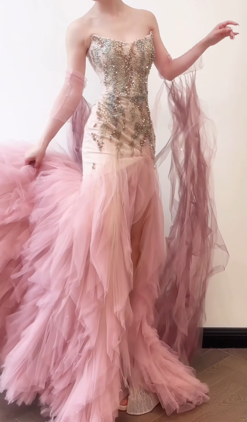 Pink Mermaid Strapless Beaded Tulle Long Sweep Prom Dress 16th Birthday Dress SH4648