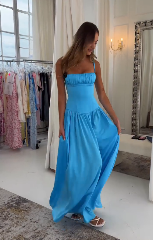 Blue Simple A Line Spaghetti Strap Satin Long Prom Dress 16th Birthday Dress SH4512