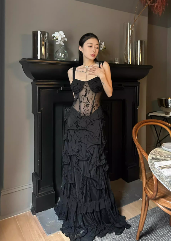 Sexy Black Sheath Straps Lace Chiffon Long Prom Dress Evening Dress SH4391