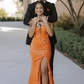 Orange V Neck Slit Prom Dress Long Evening Dress SH708